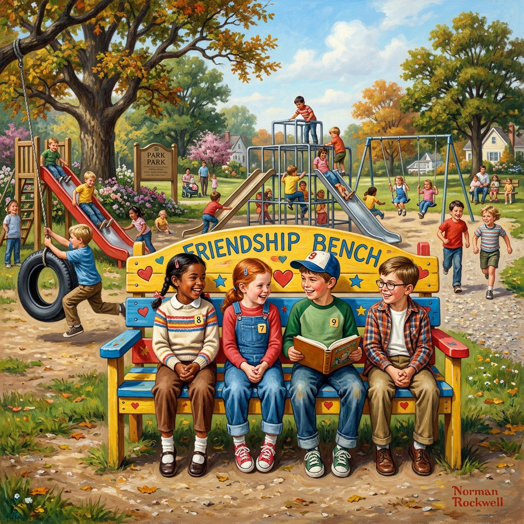 Four children sitting on a bench labeled Friendship Bench in a playground with other kids playing on slides and swings